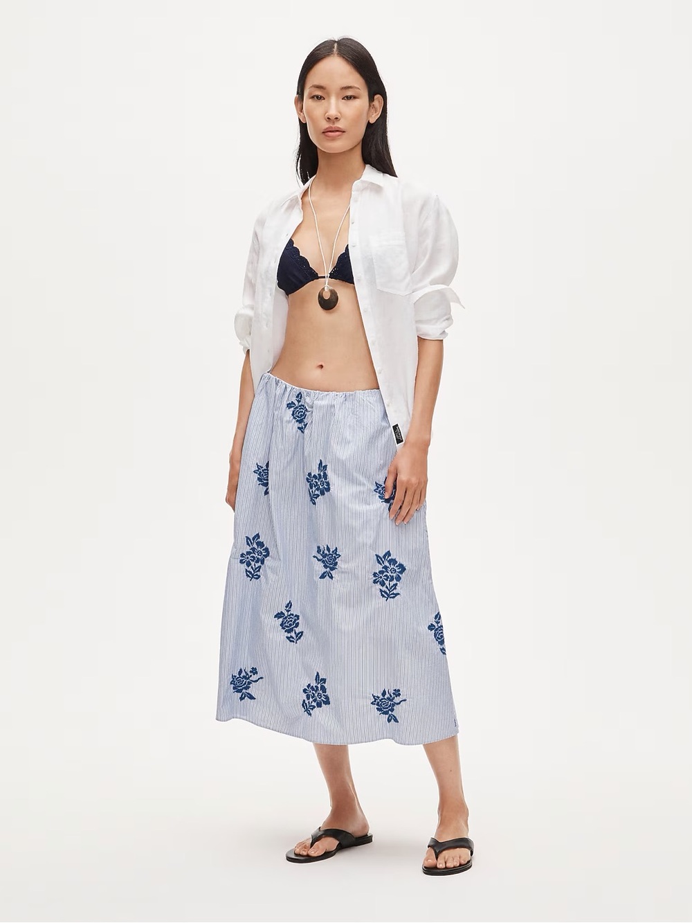 J. Crew Blue Striped Midi Skirt with Navy Floral Embroidery